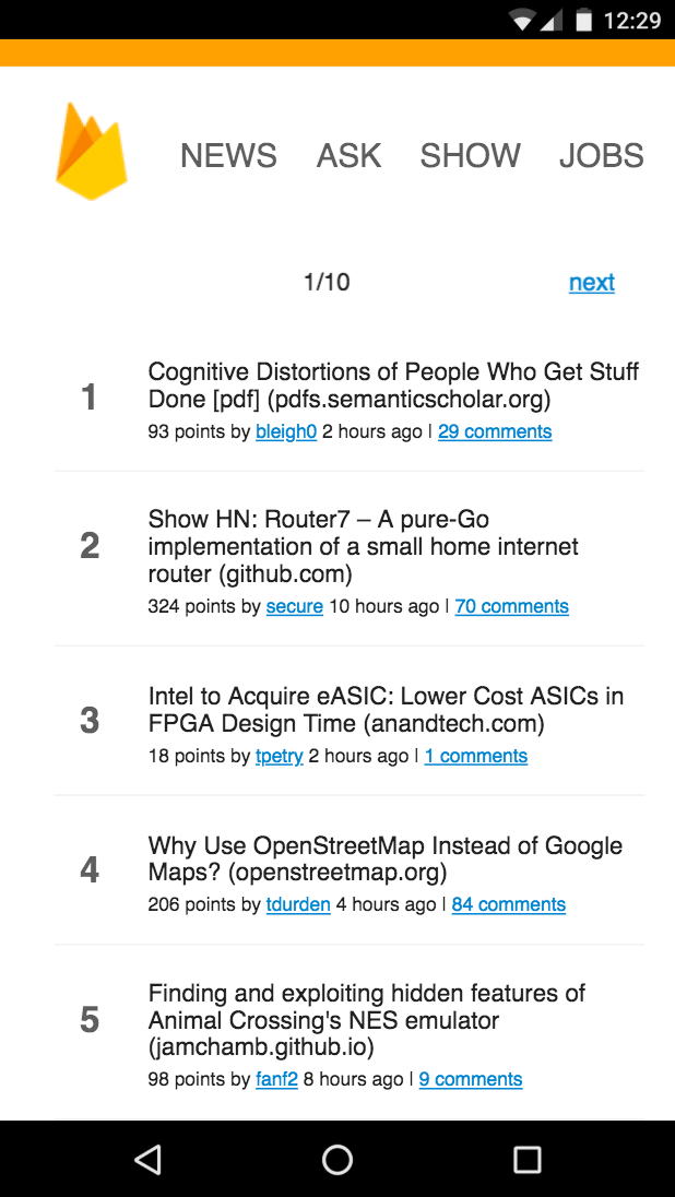 HNPWA Firebase HN PWA running on a mobile phone